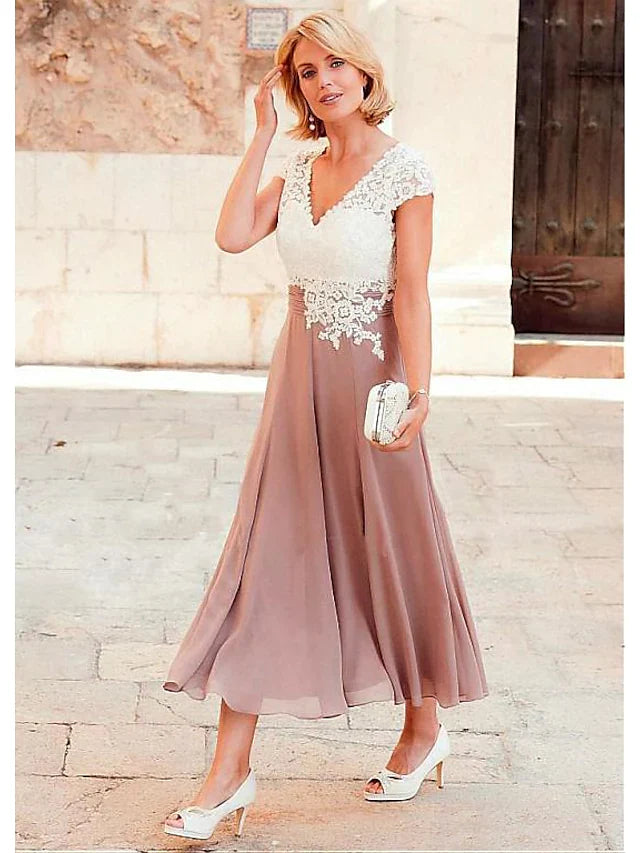 Wholesale A-Line Mother of the Bride Dress Plus Size V Neck Tea Length Chiffon Lace Short Sleeve with Lace Ruching